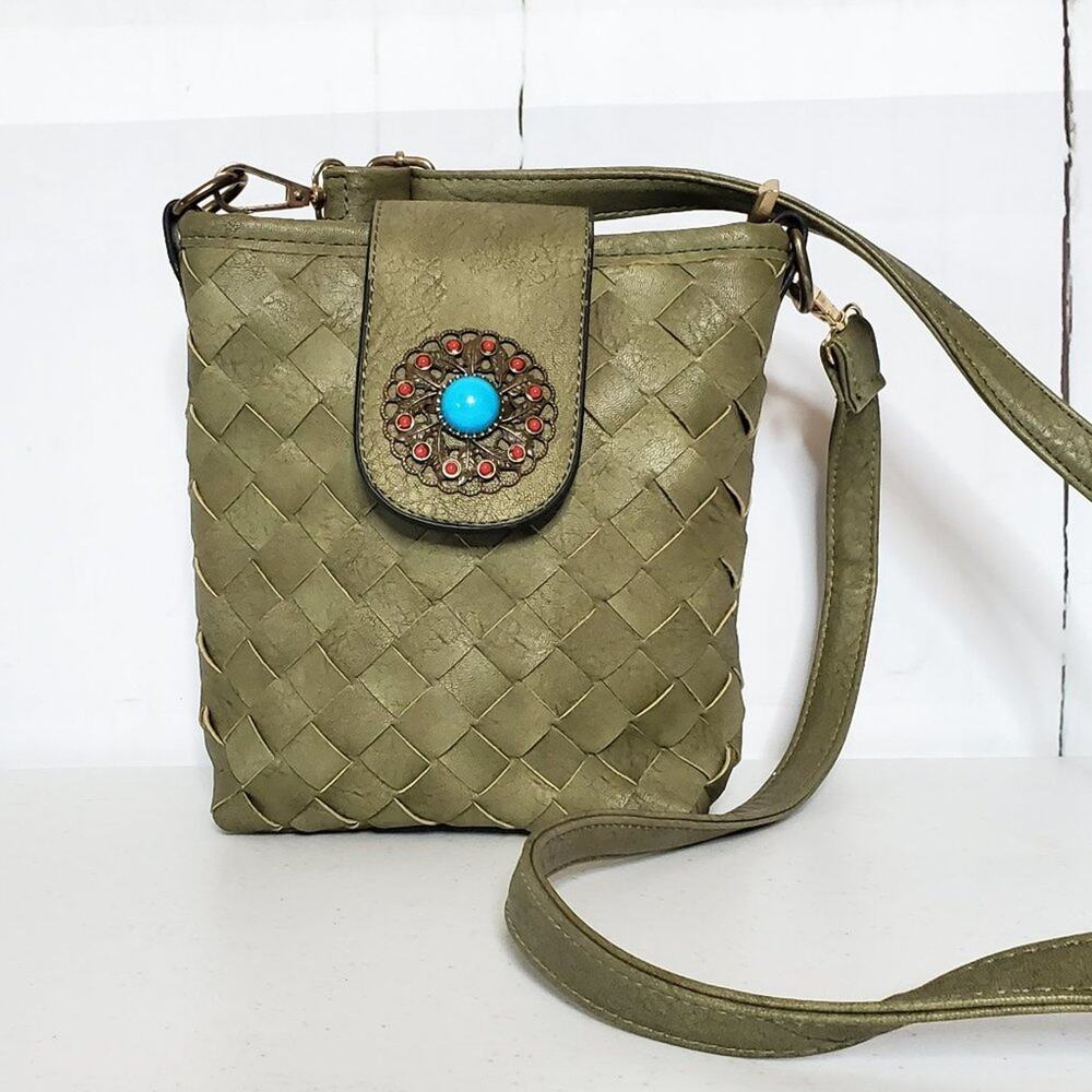 Vintage Boho Olive Green Turquoise Medallion Woven Festival Crossbody Bag - Picture 11 of 11